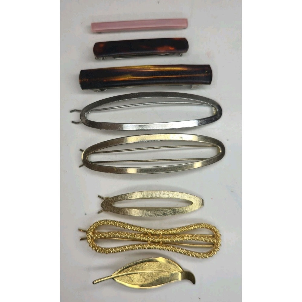 Vintage 70-80s Gold Silver Hair Barrettes Metal Spring Clip Retro Lot of 8‎